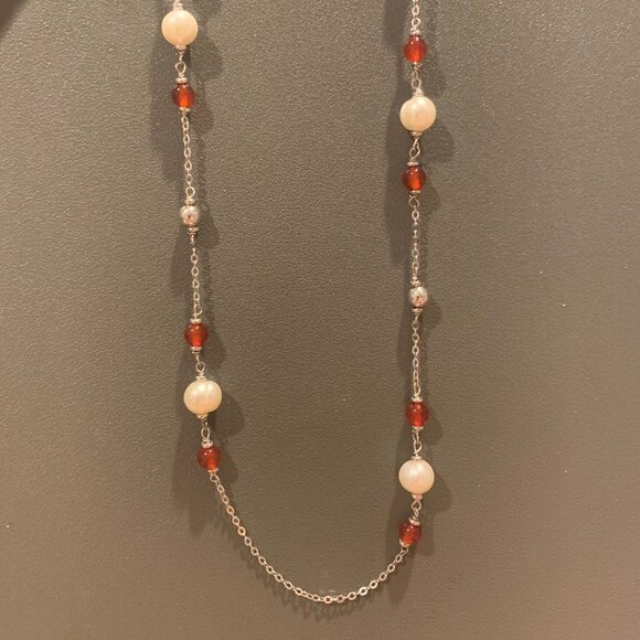 Honora Pearl Station Necklace || Silver Chain, Pearls, Red Beads - Picture 1 of 6